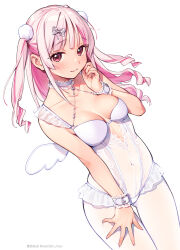 Rule 34 | 1girl, blush, bow, breasts, choker, covered navel, cowboy shot, drill hair, frilled choker, frills, hair bow, hand on own thigh, jewelry, long hair, looking at viewer, medium breasts, mini wings, original, pink eyes, pink hair, sidelocks, simple background, smile, solo, thigh gap, two side up, unitard, wantan meo, white background, white unitard, wings, wrist belt