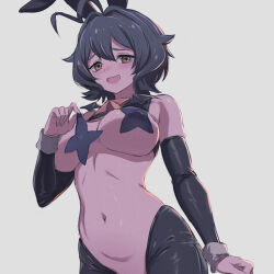 Rule 34 | 1girl, bat wings, black hair, blush, breasts, covered erect nipples, covering breasts, covering privates, fang, hiiragi utena, holding, large breasts, looking at viewer, mahou shoujo ni akogarete, meme attire, navel, nipples, othel (hatimorris), pasties, rabbit ears, reverse bunnysuit, reverse outfit, short hair, simple background, sleeves past elbows, smile, star pasties, teasing, undressing, wings, yellow eyes