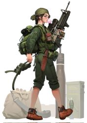Rule 34 | 1girl, assault rifle, backpack, bag, bandana, bomb, boots, brown eyes, brown footwear, brown hair, blowing bubbles, chewing gum, explosive, green bandana, green jacket, green pants, grenade launcher, gun, high-explosive anti-tank (warhead), highres, holding, holding gun, holding weapon, jacket, load bearing vest, looking at viewer, m16, m16a1, medium hair, military, original, pants, pants rolled up, rifle, rifleman1130, shaped charge, sheath, shell (projectile), soldier, solo, tank shell, underbarrel grenade launcher, weapon, white background, xm148