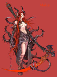 Rule 34 | 1girl, anima, armor, breasts, claws, demon girl, gloves, hook, horns, long hair, open clothes, open shirt, pointy ears, red eyes, red hair, scythe, shirt, solo, tail, weapon, wen-m