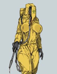 Rule 34 | 1girl, backpack, bag, biohazard symbol, breasts, broken, commentary request, covered erect nipples, cowboy shot, cracked mask, dripping, gas mask, gloves, hazmat suit, highres, juerucj, large breasts, mask, original, rubber gloves, simple background, solo, tube