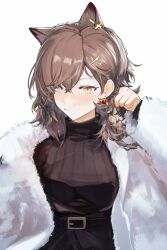 Rule 34 | 1girl, animal ear fluff, animal ears, arknights, belt, black belt, black sweater, braid, brown hair, closed mouth, commentary, earrings, fur-trimmed jacket, fur trim, highres, jacket, jewelry, long hair, long sleeves, looking at viewer, official alternate costume, penance (arknights), penance (occasionally flushed) (arknights), runamonet, simple background, single braid, solo, sweater, turtleneck, turtleneck sweater, twitter username, upper body, white background, white jacket, wolf ears, wolf girl, yellow eyes