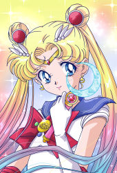 Rule 34 | 1girl, absurdres, bishoujo senshi sailor moon, blonde hair, blue eyes, blue sailor collar, bow, brooch, circlet, closed mouth, double bun, earrings, elbow gloves, gloves, hair bun, hair ornament, hairpin, highres, holding, holding wand, jewelry, long hair, looking at viewer, magical girl, moon stick, multicolored background, parted bangs, red bow, riccardo bacci, sailor collar, sailor moon, sailor senshi uniform, smile, solo, sparkle, tsukino usagi, twintails, upper body, wand, white gloves