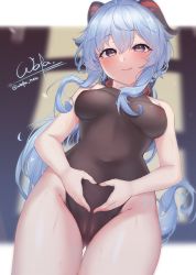 Rule 34 | 1girl, blue hair, blush, bodysuit, breasts, closed mouth, covered navel, cowboy shot, embarrassed, ganyu (genshin impact), genshin impact, goat horns, hair between eyes, heart, heart hands, highres, horns, long hair, looking at viewer, medium breasts, paid reward available, purple eyes, signature, solo, sweat, thighs, twitter username, very long hair, wata neo