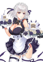 Rule 34 | 1girl, absurdres, alternate costume, black dress, cake, cake slice, cleavage cutout, clothing cutout, dress, enmaided, food, fork, frilled dress, frills, garter straps, girls&#039; frontline, highres, holding, holding tray, maid, maid headdress, purple eyes, rpk-16 (girls&#039; frontline), short dress, short hair, silayloe, silver hair, simple background, sleeveless, sleeveless dress, smile, thighhighs, tray, white background, white thighhighs