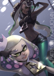 Rule 34 | 2girls, :p, arm up, armpits, bare arms, bare shoulders, blonde hair, collared vest, colored skin, crop top, cropped torso, crown, dark-skinned female, dark skin, dress, dutch angle, fingerless gloves, full body, gloves, glowing, glowing skin, green eyes, green hair, green legwear, green skin, headphones, high collar, inkling, kairui-chan, long hair, looking at viewer, marina (splatoon), midriff, mole, mole under mouth, multicolored hair, multicolored skin, multiple girls, navel, navel piercing, nintendo, octoling, pantyhose, pantyhose under shorts, parted lips, patreon username, pearl (splatoon), piercing, pink hair, purple hair, short hair, shorts, sleeveless, sleeveless dress, smile, splatoon (series), splatoon 2, standing, stomach, tentacle hair, tongue, tongue out, upper body, vest, white dress, yellow eyes, zipper, zipper pull tab