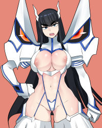 Rule 34 | 1girl, absurdres, asha, black hair, blue eyes, breasts, cleavage, groin, hand on own hip, highres, junketsu, kill la kill, kiryuuin satsuki, large breasts, long hair, looking at viewer, navel, nipple slip, nipples, open mouth, simple background, solo, thick eyebrows, very long hair