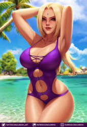 Rule 34 | 1girl, armpits, arms behind head, arms up, beach, blonde hair, blue sky, breasts, brown eyes, cleavage, clothing cutout, cloud, collarbone, commentary, cross-laced clothes, cross-laced one-piece swimsuit, day, english commentary, facial mark, forehead mark, gumroad logo, gumroad username, highres, large breasts, legs together, light smile, lips, lipstick, looking at viewer, luminyu, makeup, mature female, mole, mole on breast, naruto, naruto (series), navel, navel cutout, nose, one-piece swimsuit, outdoors, paid reward available, palm tree, parted lips, patreon logo, patreon username, purple one-piece swimsuit, red lips, sand, sky, solo, standing, strap gap, swimsuit, tree, tsunade (naruto), twitter logo, twitter username, water, watermark, web address