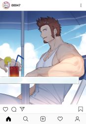 Rule 34 | 00047, 1boy, 1other, arm rest, bara, bare shoulders, beard, biceps, blue eyes, brown hair, chair, cloud, cloudy sky, covered navel, cross scar, cup, day, drinking glass, drinking straw, facial hair, fate/grand order, fate (series), food, from side, fruit, highres, ice, juice, lemon, lemon slice, long sideburns, looking at viewer, male focus, manly, muscular, napoleon bonaparte (fate), open mouth, outdoors, pants, pectorals, revealing clothes, scar, scar on chest, shadow, sideburns, sitting, sky, solo focus, summer, sunlight, table, tank top, tight clothes, tight pants, umbrella, under umbrella, upper body, white tank top