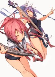 Rule 34 | 2girls, :d, ahoge, bass guitar, beize (garbage), blush, commentary request, closed eyes, guitar, hair ribbon, highres, i-168 (kancolle), i-19 (kancolle), instrument, kantai collection, long hair, multiple girls, old school swimsuit, one-piece swimsuit, open mouth, ponytail, purple hair, red hair, ribbon, school swimsuit, school uniform, serafuku, simple background, smile, swimsuit, swimsuit under clothes, tri tails, v, wet, white background