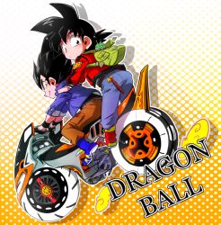 Rule 34 | 2boys, aged down, backpack, bad id, bad pixiv id, bag, biker clothes, black hair, casual, chibi, dragon ball, dragonball z, fingerless gloves, gloves, jacket, marimo (yousei ranbu), motor vehicle, motorcycle, multiple boys, multiple riders, piccolo, riding, shoes, sneakers, son goku, spiked hair, vegeta, vehicle