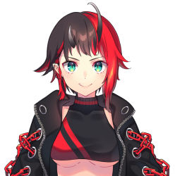 Rule 34 | 1girl, black hair, black jacket, black sports bra, blue eyes, breasts, chain, closed mouth, commentary request, demon girl, demon horns, ear chain, ear piercing, fang, horns, jacket, kusumoto shizuru, large breasts, looking at viewer, multicolored hair, nanashi inc., open clothes, open jacket, piercing, pointy ears, red hair, ryugasaki rene, ryugasaki rene (1st costume), short hair, simple background, smile, solo, sports bra, sugar lyric, two-tone hair, two-tone sports bra, underbite, underboob, upper body, virtual youtuber, white background
