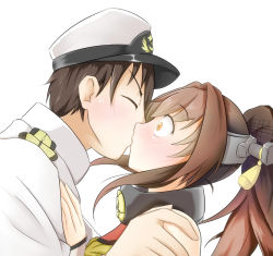Rule 34 | 10s, 1boy, 1girl, admiral (kancolle), brown eyes, brown hair, closed eyes, hands on another&#039;s chest, hands on another&#039;s shoulders, hat, headgear, hetero, jitei, kantai collection, kiss, looking at another, military, military uniform, peaked cap, ponytail, profile, simple background, surprise kiss, surprised, uniform, white background, wide-eyed, yamato (kancolle)