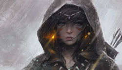 Rule 34 | 1girl, arrow (projectile), artist name, black hair, circlet, cloak, earrings, expressionless, facial tattoo, fletches, glowing, grey eyes, guweiz, hair between eyes, holding, holding behind back, hood, hooded cloak, jewelry, light rays, lips, motion blur, necklace, original, parted lips, portrait, quiver, short hair, snowing, solo, tattoo, teeth, upper body, weapon, wind