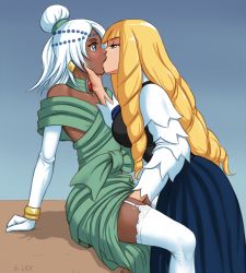 Rule 34 | 1boy, 1girl, arm support, bare shoulders, blonde hair, blue background, bracelet, breasts, crossdressing, dark-skinned male, dark skin, dress, drill hair, earrings, elbow gloves, eye contact, femdom, flick-the-thief, forced, forced kiss, formal, garter straps, gloves, gradient background, green dress, gundam, hair bun, half-closed eyes, hand in skirt, hand under clothes, hetero, interracial, jewelry, kihel heim, kiss, lace, lace-trimmed legwear, lace trim, laura rolla, long hair, long sleeves, looking at another, loran cehack, necklace, short hair, sitting, standing, surprised, thighhighs, trap, turn a gundam, white gloves, white hair, white thighhighs