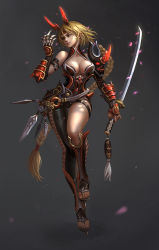 Rule 34 | 1girl, armor, asymmetrical clothes, bare shoulders, blonde hair, braid, breasts, cleavage, collarbone, curvy, full body, gloves, horns, katana, lalan fengchu, large breasts, long hair, low-tied long hair, original, pauldrons, petals, pointy ears, shoulder armor, single braid, solo, standing, sword, vambraces, very long hair, weapon, wide hips, wind