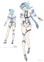 Rule 34 | 1girl, blue hair, breasts, character name, cleavage, commentary request, eula (genshin impact), genshin impact, hand on own hip, high heels, highres, looking at viewer, navel, open mouth, pokira, solo, standing, vision (genshin impact), yellow eyes