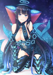 Rule 34 | 1girl, bare shoulders, black dress, black gloves, black headwear, black thighhighs, blue eyes, blunt bangs, blush, breasts, center opening, dress, elbow gloves, fate/grand order, fate (series), gloves, hair ornament, halo, highres, huangyouxingren, kneeling, large breasts, leaf hair ornament, long hair, looking at viewer, purple hair, smile, solo, thighhighs, thighs, very long hair, yang guifei (fate), yang guifei (third ascension) (fate)