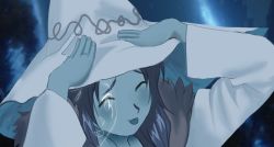 Rule 34 | 1girl, ah eto... bleh (meme), blue skin, closed eyes, colored skin, commentary, elden ring, english commentary, english text, extra faces, hand on headwear, hat, meme, portrait, ranni the witch, raviollies, solo, taiho shichauzo, tongue, tongue out, witch hat