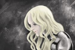 Rule 34 | 1girl, armor, artist request, claymore (series), grey eyes, highres, light smile, parted lips, simple background, smile, solo, teresa, wavy hair