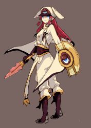 Rule 34 | 1girl, arc system works, artist request, bad id, bad pixiv id, blazblue, blazblue: continuum shift, blue eyes, boots, female focus, full body, gloves, hat, head wings, long hair, looking back, military, military uniform, miyadevil, red hair, shield, simple background, solo, sword, tsubaki yayoi, uniform, weapon, wings