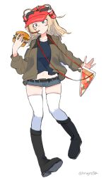 Rule 34 | 10s, 1girl, aaru (kerogero1582), bag, baseball cap, beer hat, belt, black belt, black footwear, black shirt, blonde hair, blue eyes, blue shorts, boots, brown jacket, burger, can, closed mouth, coca-cola, denim, denim shorts, drink can, drinking, food, full body, girls und panzer, hair intakes, handbag, hat, highres, holding, holding food, jacket, kay (girls und panzer), long hair, long sleeves, military, military uniform, navel, open clothes, open jacket, pizza, red hat, saunders military uniform, shirt, short shorts, shorts, simple background, smile, soda can, solo, standing, thighhighs, twitter username, uniform, white background, white thighhighs