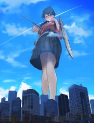 Rule 34 | 1girl, absurdres, black hair, blue eyes, blue hakama, blush, breasts, city, cityscape, cloud, day, from below, giant, giantess, hakama, hand to own mouth, highres, houshou (kancolle), japanese clothes, kantai collection, looking at viewer, looking down, medium breasts, natsukaze shigure, outdoors, ponytail, quiver, skyline, solo, standing, swept bangs
