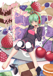 Rule 34 | 1girl, absurdres, barefoot, blueberry, cake, cake slice, checkerboard cookie, cherry, cookie, crown, food, fruit, full body, green eyes, green hair, headphones, high heels, highres, kiwi (fruit), kiwi slice, light green hair, macaron, mini crown, nyoomdoesstuff, open mouth, pastry, phonon (under night in-birth), raspberry, resolution mismatch, self-upload, short hair, solo, source smaller, strawberry, sweets, toenails, under night in-birth