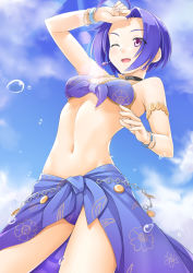 Rule 34 | 1girl, ahoge, bikini, blue hair, breasts, cowboy shot, gradient background, idolmaster, idolmaster (classic), miri (ago550421), miura azusa, one eye closed, open mouth, red eyes, short hair, small breasts, smile, solo, swimsuit, water