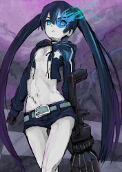 Rule 34 | 10s, 1girl, arm cannon, bikini, bikini top only, black hair, black rock shooter, black rock shooter (character), blue eyes, female focus, glowing, glowing eyes, hogi, long hair, navel, open clothes, pale skin, scar, shorts, solo, swimsuit, twintails, weapon