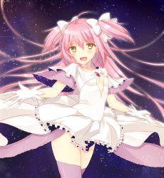 Rule 34 | 1girl, blush, bow, breasts, cleavage cutout, clothing cutout, dress, gloves, hair bow, highres, kaname madoka, long hair, looking at viewer, mahou shoujo madoka magica, mahou shoujo madoka magica (anime), nryk28, open mouth, pink hair, pink thighhighs, small breasts, smile, solo, space, thighhighs, two side up, ultimate madoka, white bow, white dress, white gloves, yellow eyes