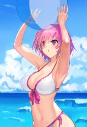 Rule 34 | 1girl, arms up, ball, bikini, blush, breasts, cleavage, day, eyes visible through hair, front-tie top, hair over one eye, highres, holding, karrzenic, large breasts, mash kyrielight, mash kyrielight (swimsuit of perpetual summer), navel, official alternate costume, open mouth, purple eyes, purple hair, short hair, side-tie bikini bottom, solo, swimsuit