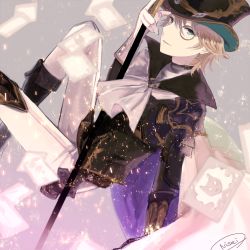 Rule 34 | 10s, 1boy, adjusting clothes, adjusting headwear, artist name, blonde hair, blue eyes, cane, cape, card, earrings, granblue fantasy, hat, highres, jewelry, kaitou chat noir, looking at viewer, male focus, monocle, nisei (tanny), single earring, smile, solo