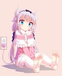 Rule 34 | 10s, 1girl, :&lt;, barefoot, black hairband, blue eyes, charging, commentary request, dragon girl, dragon horns, electric plug, electrical outlet, electrical outlet, feet, foot focus, hairband, highres, horns, kanna kamui, kobayashi-san chi no maidragon, long hair, looking at viewer, no shoes, pink background, simple background, sitting, skyneko, soles, solo, tail, thighhighs, toeless legwear, toes, twintails, white thighhighs