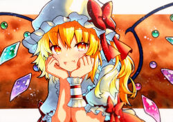 Rule 34 | 1girl, ascot, bad id, bad twitter id, blonde hair, bow, crystal, fang, flandre scarlet, frilled shirt, frilled shirt collar, frilled sleeves, frills, hat, hat ribbon, highres, medium hair, mob cap, one side up, puffy short sleeves, puffy sleeves, qqqrinkappp, red bow, red eyes, red ribbon, red vest, ribbon, shirt, short sleeves, solo, touhou, traditional media, vest, white shirt, wings, yellow ascot
