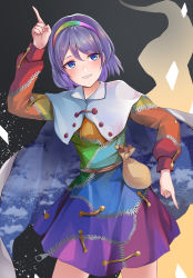 Rule 34 | 1girl, absurdres, bag, blue eyes, blush, cape, cowboy shot, dress, grey background, hairband, highres, koizumo, light smile, looking to the side, multicolored clothes, multicolored dress, parted lips, pointing, purple hair, rainbow gradient, short hair, simple background, solo, tenkyuu chimata, touhou, zipper
