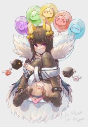 Rule 34 | 1girl, ^ ^, animal ear fluff, animal ears, artist request, balloon, bell, black hair, black thighhighs, blue jacket, blush, bow, bow panties, breasts, brown thighhighs, c8oyk, character request, closed eyes, closed mouth, collaboration request, commentary request, dress, fishnet thighhighs, fishnets, full body, fur-trimmed jacket, fur trim, grey background, hair bell, hair ornament, highres, jacket, jingle bell, knees together feet apart, knees up, looking at viewer, medium breasts, no shoes, official alternate costume, panties, panties around toe, pink panties, purple eyes, ragnarok online, simple background, slime (creature), solo, spiked anklet, thighhighs, underwear, white dress