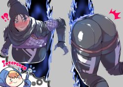 Rule 34 | !?, 2girls, animification, apex legends, ass, belt, bent over, black hair, blonde hair, blue eyes, blush, bodysuit, breasts, chibi, commentary request, hood, hooded bodysuit, kandata nijou, large breasts, light bulb, long hair, multiple girls, ponytail, portal (object), smile, stuck, surprised, thick thighs, thighs, through wall, wattson (apex legends), wraith (apex legends)