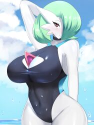Rule 34 | 1girl, arm up, bare arms, bare shoulders, black choker, black one-piece swimsuit, blush, breasts, choker, covered navel, creatures (company), game freak, gardevoir, gen 3 pokemon, green hair, hair over one eye, highres, large breasts, nintendo, one-piece swimsuit, one eye covered, outdoors, pink eyes, pointy ears, pokemon, pokemon (creature), sana!rpg, short hair, solo, swimsuit, water, wet