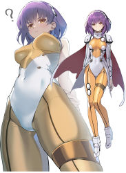 Rule 34 | 1girl, ?, arms behind back, blush, bodysuit, breasts, brown eyes, cape, commentary request, contrapposto, covered erect nipples, covered navel, cowboy shot, hairband, highres, impossible bodysuit, impossible clothes, lambda (langrisser), langrisser, langrisser v, looking at viewer, medium breasts, medium hair, multiple views, purple hair, shoes, siino, simple background, standing, thigh gap, white background, yellow bodysuit