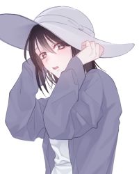 Rule 34 | 1girl, baby (demotsu), blonde hair, blush, from side, fruits basket, grey jacket, hands up, hat, highres, jacket, long sleeves, looking at viewer, looking to the side, parted lips, simple background, solo, souma akito, sun hat, white background
