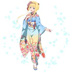 Rule 34 | 1girl, :d, alice zuberg, blonde hair, blue kimono, braid, braided bun, floral print, flower, full body, gradient kimono, hair bun, hair flower, hair intakes, hair ornament, hair ribbon, hairband, highres, japanese clothes, kimono, long sleeves, looking at viewer, official art, open mouth, pink flower, pink hairband, print kimono, red ribbon, ribbon, short hair with long locks, sidelocks, smile, solo, standing, sword art online, tabi, transparent background, white legwear, wide sleeves, yukata