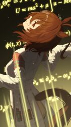 Rule 34 | 1girl, agnes tachyon (umamusume), ahoge, animal ears, black shirt, brown hair, calculus, chemical structure, clothing cutout, commentary request, cowboy shot, dark background, earrings, equation, eye trail, from behind, hair between eyes, highres, horse ears, horse girl, jewelry, lab coat, light trail, looking at viewer, looking back, math, physics, red eyes, satoshiy83, shirt, short hair, single earring, sleeves past fingers, sleeves past wrists, smile, solo, tail, tail through clothes, umamusume