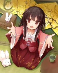 Rule 34 | 1girl, :d, aged down, bow, brown eyes, collarbone, cup, efe, floral print, houraisan kaguya, imminent hug, incoming hug, long hair, long sleeves, looking at viewer, open mouth, outstretched arms, rabbit, shirt, sitting, skirt, smile, solo, table, tatami, teacup, touhou, very long hair, wariza, wide sleeves