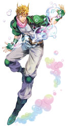 Rule 34 | 1boy, apple972, blonde hair, boots, bubble, caesar anthonio zeppeli, facial mark, fingerless gloves, gloves, hair ornament, headband, highres, hydrokinesis, inzup, jacket, jojo no kimyou na bouken, knee pads, male focus, simple background, solo, sparkle, water, winged hair ornament, yellow eyes