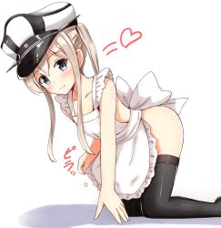 Rule 34 | 10s, 1girl, aikawa ryou, apron, black thighhighs, blonde hair, blue eyes, blush, bow, commentary request, graf zeppelin (kancolle), hair between eyes, hat, heart, highres, kantai collection, long hair, naked apron, peaked cap, sidelocks, simple background, smile, solo, thighhighs, twintails, white background, white bow