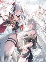 2girls :d bare_shoulders black_dress black_gloves black_hair chinese_clothes closed_mouth commentary cowboy_shot dress flat_chest from_side fu_hua fu_hua_(crane_of_taixuan) fu_hua_(fenghuang_of_vicissitude) fu_hua_(garuda) fu_hua_(herrscher_of_sentience) gauntlets gem gloves grey_hair hair_ornament hand_up happy_birthday highres hip_vent holding_hands honkai_(series) honkai_impact_3rd long_hair looking_at_viewer multiple_girls official_alternate_costume open_mouth outdoors red_eyes smile symbol-only_commentary thighs toosaka_asagi very_long_hair white_dress white_hair winter yellow_pupils