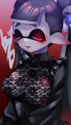 Rule 34 | 1girl, absurdres, black hair, blush, breasts, domino mask, ear blush, frills, gradient background, half-closed eyes, highres, jessika (splatoon), lace shirt, large breasts, long hair, long sleeves, mask, mugyiiiii ika, nintendo, pointy ears, red background, red eyes, see-through, see-through shirt, shirt, solo, splatoon (series), splatoon 3, tentacle hair, twintails, upper body