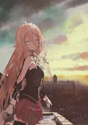 Rule 34 | 1girl, absurdres, arm cutout, arms at sides, black shirt, black thighhighs, blonde hair, blue eyes, braid, building, cityscape, cloud, cloudy sky, commentary, cowboy shot, from side, hair between eyes, highres, ia (vocaloid), kabuyama kaigi, long hair, long sleeves, looking at viewer, looking to the side, morning, on rooftop, outdoors, pink skirt, rooftop, shirt, side braids, skirt, sky, skyscraper, smile, solo, standing, thighhighs, urban, very long hair, vocaloid