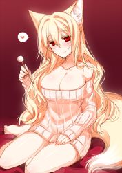Rule 34 | 1girl, animal ears, bare legs, barefoot, blonde hair, blush, breasts, cleavage, closed mouth, dated, fox ears, fox tail, hair between eyes, hair intakes, head tilt, heart, konshin, lap pillow invitation, large breasts, long hair, long sleeves, looking at viewer, mimikaki, naked sweater, original, red background, red eyes, ribbed sweater, signature, simple background, sitting, smile, solo, spoken heart, sweater, tail, very long hair, white sweater, yokozuwari